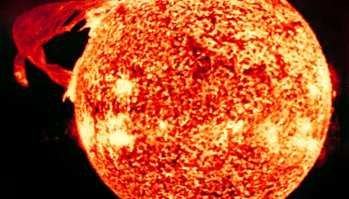 This is a photograph of a solar prominence taken in 1973 by astronaut Edward Gibson using the Apollo Telescope Mount on-board NASA’s first space station, SkyLab. The feature spans across 600,000 kilometers.